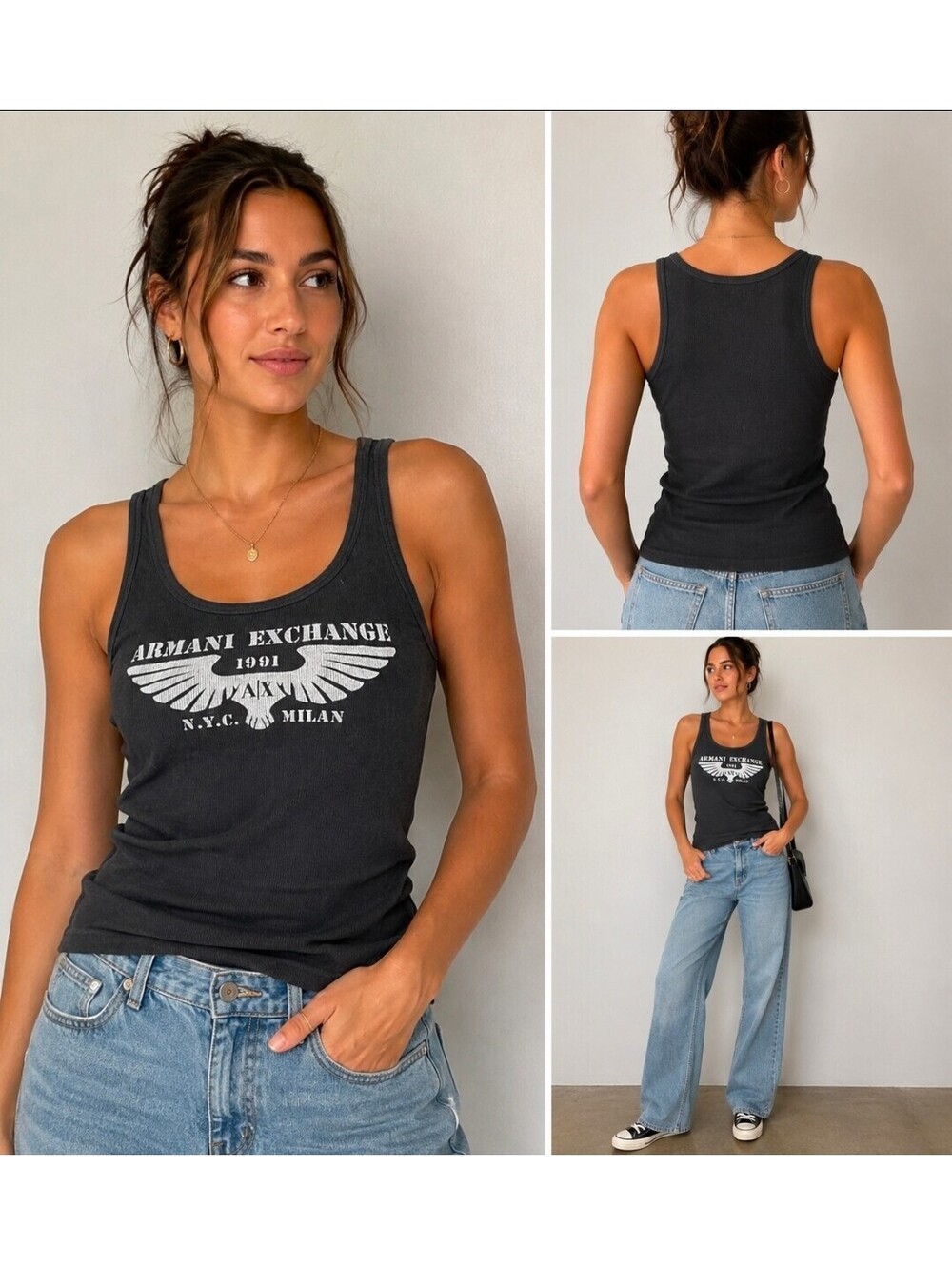 Armani Exchange A|X Women’s Large Black Ribbed Eagle Graphic Tank Top 1991